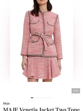 Maje Pink Tweed Belted Jacket & Flared Skirt Set